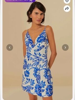 NWT, Farm Rio Floral birds mini dress, blue and white, small
